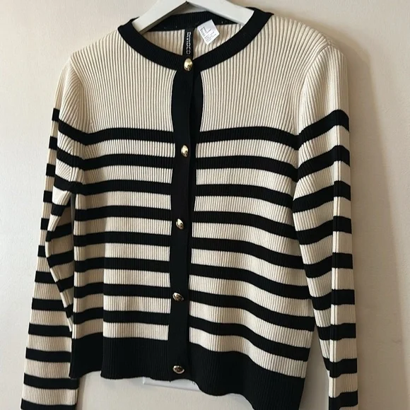 H&M Rib Knit Striped Gold Button Cardigan Sweater - Picture 4 of 11